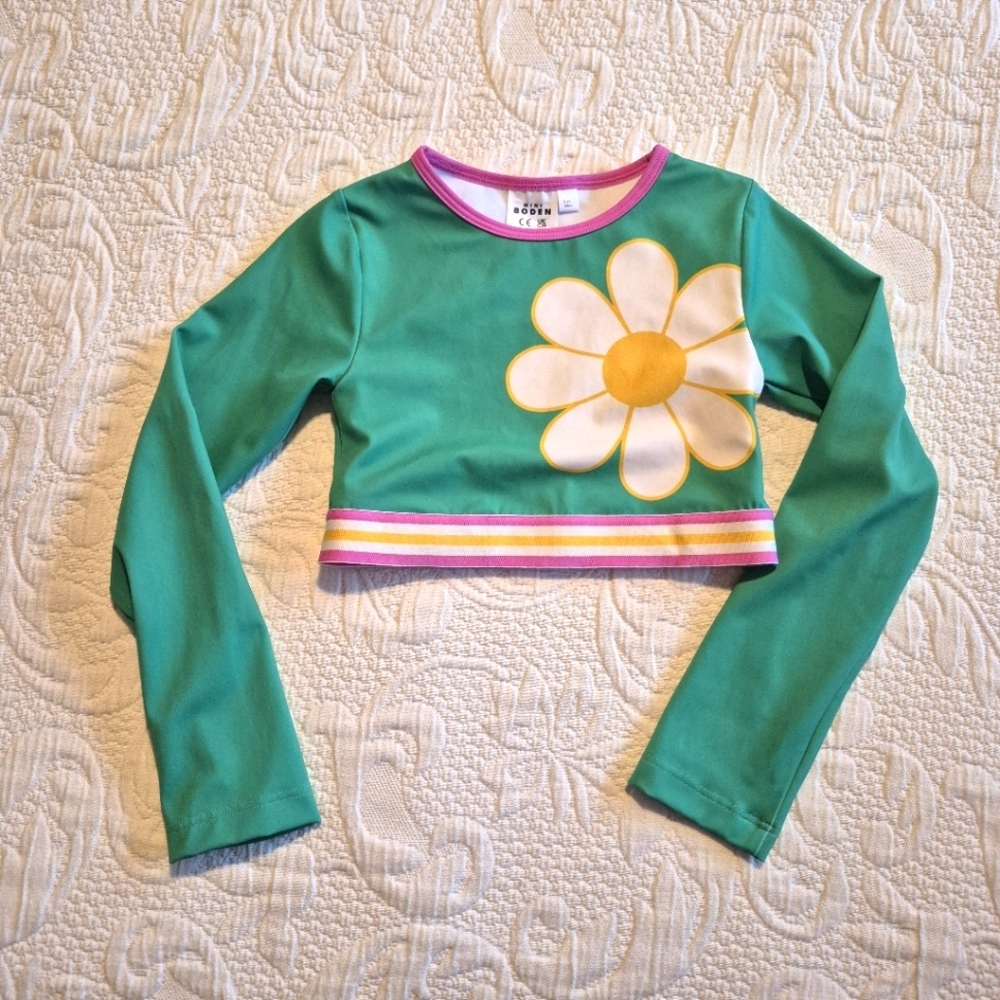 Mini Boden girls size 5-6 years green & pink, white long sleeve rash guard EUC